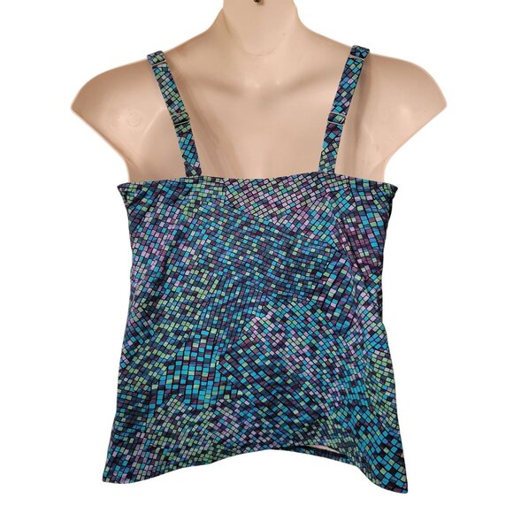 Lands End Tankini Top 14DD Purple Blue Mosaic Print Swim Beach Summer - Picture 3 of 6